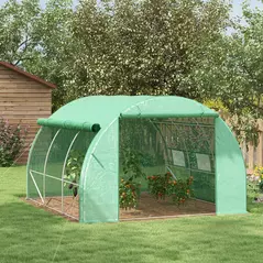 Outsunny Polytunnel Greenhouse Walk-in Grow House Tent with Roll-up Sidewalls, Zipped Door and 6 Windows, 3x3x2m Green - 2