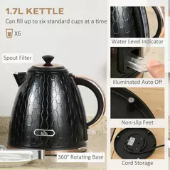 HOMCOM 1.7L 3000W Fast Boil Kettle & 4 Slice Toaster Set, Kettle and Toaster Set with 7 Browning Controls, Crumb Tray, Black - 4