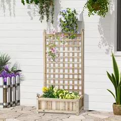 Outsunny Garden Planters with Trellis for Climbing Vines, Wood Raised Beds for Garden, Flower Pot, Indoor Outdoor, Natural - 2