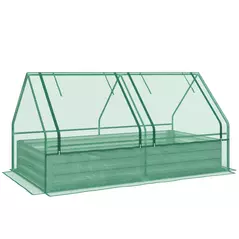 Outsunny Metal Planter Box with Cover, Raised Garden Bed with Greenhouse, for Herbs and Vegetables, Green and Dark Grey - 1