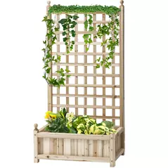 Outsunny Garden Planters with Trellis for Climbing Vines, Wood Raised Beds for Garden, Flower Pot, Indoor Outdoor, Natural - 1