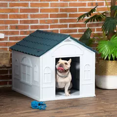 PawHut Plastic Weather-Resistant Dog House, for Indoors and Outdoors, Medium Dogs - White and Blue - 2