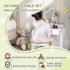 ZONEKIZ Kids Vanity Table with Mirror and Stool, Drawer, Storage Boxes, Flower Design, for Ages 3-6 Years - White - 4