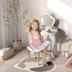 ZONEKIZ Kids Vanity Table with Mirror and Stool, Drawer, Storage Boxes, Flower Design, for Ages 3-6 Years - White - 2