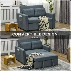 HOMCOM Loveseat Sofa Bed, Convertible Bed Settee with 2 Cushions, Side Pockets for Living Room, Charcoal Grey - 4