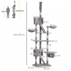 PawHut Floor to Ceiling Cat Tree for Indoor Cats, 240-260cm, Adjustable Height - Light Grey - 3