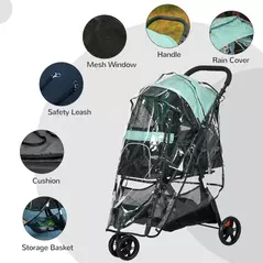 PawHut Foldable Pet Stroller w/ Rain Cover, for XS Dogs, S Dogs - Green - 7