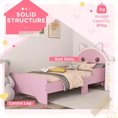 ZONEKIZ Bed for Kids Cat Design Toddler Bed Frame Bedroom Furniture with Guardrails, for 3-6 Years, 143L x 74W x 72Hcm - Pink - 6