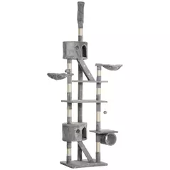 PawHut Floor to Ceiling Cat Tree for Indoor Cats, 240-260cm, Adjustable Height - Light Grey - 1