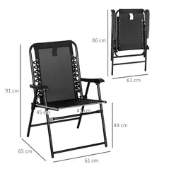 Outsunny 2 Pcs Patio Folding Chair Set, Outdoor Portable Loungers for Camping Pool Beach Deck, Lawn w/ Armrest Steel Frame Black - 3