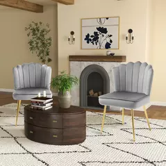 HOMCOM Shell Dining Chairs Set of 2, Upholstered Kitchen Chairs with Gold Metal Legs and Backrest, Velvet Fabric Lounge Leisure Chairs for Living Room, Reception Room, Grey - 2