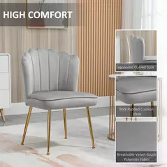 HOMCOM Shell Dining Chairs Set of 2, Upholstered Kitchen Chairs with Gold Metal Legs and Backrest, Velvet Fabric Lounge Leisure Chairs for Living Room, Reception Room, Grey - 6