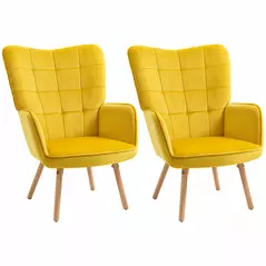 HOMCOM Modern Accent Chair Velvet-Touch Tufted Wingback Armchair Upholstered Leisure Lounge Sofa Club Chair with Wood Legs, Set of 2, Yellow - 1