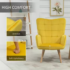 HOMCOM Modern Accent Chair Velvet-Touch Tufted Wingback Armchair Upholstered Leisure Lounge Sofa Club Chair with Wood Legs, Set of 2, Yellow - 4
