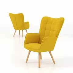 HOMCOM Modern Accent Chair Velvet-Touch Tufted Wingback Armchair Upholstered Leisure Lounge Sofa Club Chair with Wood Legs, Set of 2, Yellow - 6