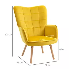 HOMCOM Modern Accent Chair Velvet-Touch Tufted Wingback Armchair Upholstered Leisure Lounge Sofa Club Chair with Wood Legs, Set of 2, Yellow - 3