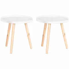HOMCOM Coffee Table, Carved Floral Round Table with Tray-style Top and Wood Legs, Modern Side Table for Living Room, Set of 2, White - 1