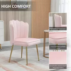 HOMCOM Shell Dining Chairs Set of 2, Upholstered Kitchen Chairs with Gold Metal Legs and Backrest, Velvet Fabric Lounge Leisure Chairs for Living Room, Reception Room, Pink - 6