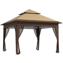 Outsunny 3 x 3(m) Pop Up Gazebo with Mosquito Netting, 1 Person Easy up Marquee Party Tent with 1-Button Push, Double Roof, Carry Bag, Sandbags, Height Adjustable Instant Shelter, Khaki - 1