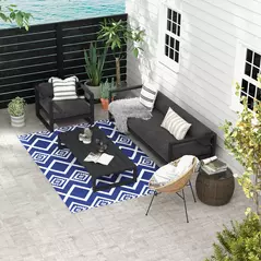 Outsunny Plastic Straw Reversible RV Outdoor Rug with Carry Bag, 182 x 274cm, Blue and White - 2