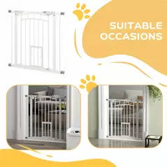 PawHut Pressure Fit Stair Gate, Dog Gate w/ Small Cat Door, Auto Closing System, Double Locking Openings, 74-80cm - White - 9