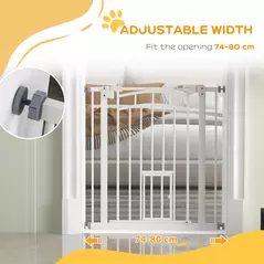 PawHut Pressure Fit Stair Gate, Dog Gate w/ Small Cat Door, Auto Closing System, Double Locking Openings, 74-80cm - White - 7