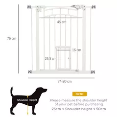 PawHut Pressure Fit Stair Gate, Dog Gate w/ Small Cat Door, Auto Closing System, Double Locking Openings, 74-80cm - White - 3