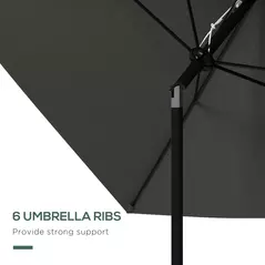 Outsunny 2 x 3(m) Garden Parasol Umbrella, Rectangular Outdoor Market Umbrella Sun Shade with Crank & Push Button Tilt, 6 Ribs, Aluminium Pole, Dark Grey - 6