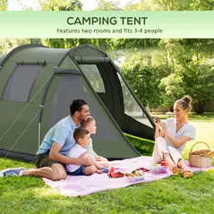 Outsunny Two Room Tunnel Tent Camping Tent for  3-4 Man with Windows, Covers, Carry Bag, for Fishing, Hiking, Sports, Green - 4