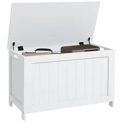 HOMCOM Storage Chest, Modern Storage Trunk with 2 Safety Hinges and Cut-out Handles, Wooden Toy Box for Living Room, Entryway, 76 x 40 x 48 cm, White - 1