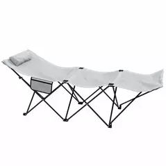 Outsunny Camping Bed for Adults, Single Folding Camp Bed, Portable Camping Cot with Side Pocket, Headrest and Oxford Seat for Outdoor, Travel, Fishing, Light Grey - 1