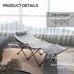 Outsunny Camping Bed for Adults, Single Folding Camp Bed, Portable Camping Cot with Side Pocket, Headrest and Oxford Seat for Outdoor, Travel, Fishing, Light Grey - 6