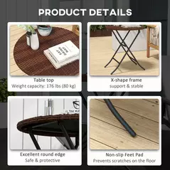 Outsunny Foldable PE Rattan Outdoor Coffee Table, Metal Frame Wicker Round Side Table, Coffee Table Side Table for Lawn, Garden, Mixed Brown - 7