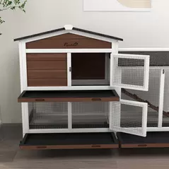 PawHut Wooden Two-Tier Pet Hutch with Wheels, Run - Brown - 9