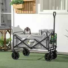 Outsunny Folding Pull Along Cart Cargo Wagon Trolley with Telescopic Handle - Dark Grey - 2