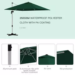 Outsunny Square Cantilever Garden Parasol, with Five-Position Canopy - Green - 6