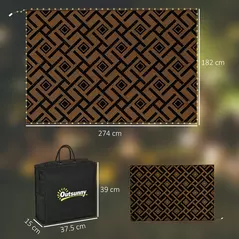Outsunny Plastic Straw Reversible RV Outdoor Rug with LED String Light, 182 x 274cm, Brown and Black - 3