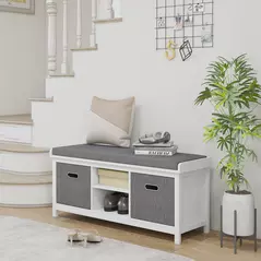 HOMCOM Shoe Storage Bench, with Cushion Seat - White/Grey - 2