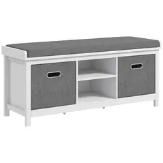 HOMCOM Shoe Storage Bench, with Cushion Seat - White/Grey - 1