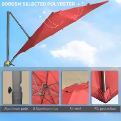Outsunny 3 x 3(m) Cantilever Parasol with Cross Base Crank Handle - Wine Red - 7