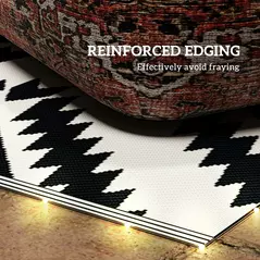 Outsunny Plastic Straw Reversible RV Outdoor Rug with LED String Light, 182 x 274cm, Black and White - 9