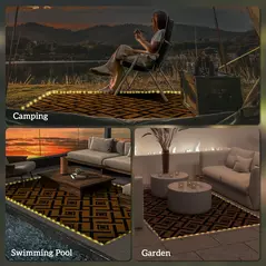 Outsunny Plastic Straw Reversible RV Outdoor Rug with LED String Light, 182 x 274cm, Brown and Black - 6