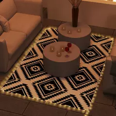 Outsunny Plastic Straw Reversible RV Outdoor Rug with LED String Light, 182 x 274cm, Black and White - 2