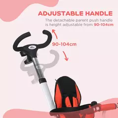 HOMCOM Metal Frame 6 in 1 Baby Push Tricycle with Parent Handle for 1-5 Years Old, Red - 7