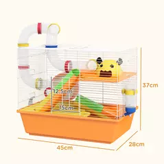 PawHut 3 Tiers Gerbil Cage, Hamster Cage with Tubes, Exercise Wheel, Ladder, Top Handle, 45 x 28 x 37cm - Orange - 3