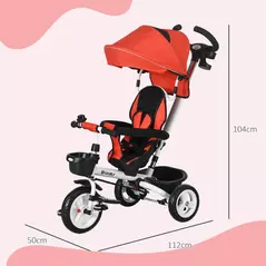 HOMCOM Metal Frame 6 in 1 Baby Push Tricycle with Parent Handle for 1-5 Years Old, Red - 3