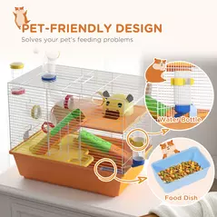 PawHut 3 Tiers Gerbil Cage, Hamster Cage with Tubes, Exercise Wheel, Ladder, Top Handle, 45 x 28 x 37cm - Orange - 7