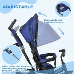 HOMCOM 6 in 1 Kids Trike Push Bike with Push Handle, Canopy, 5-point Safety Belt, Storage, Footrest, Brake, for 1-5 Years, Dark Blue - 5