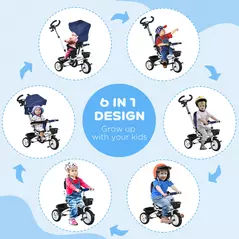 HOMCOM Metal Frame 6 in 1 Baby Push Tricycle with Parent Handle for 1-5 Years Old, Dark Blue - 4