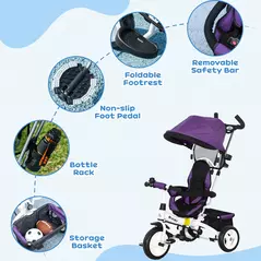 HOMCOM 6 in 1 Kids Trike Push Bike w/ Push Handle, Canopy, 5-point Safety Belt, Storage, Footrest, Brake, for 1-5 Years, Purple - 7